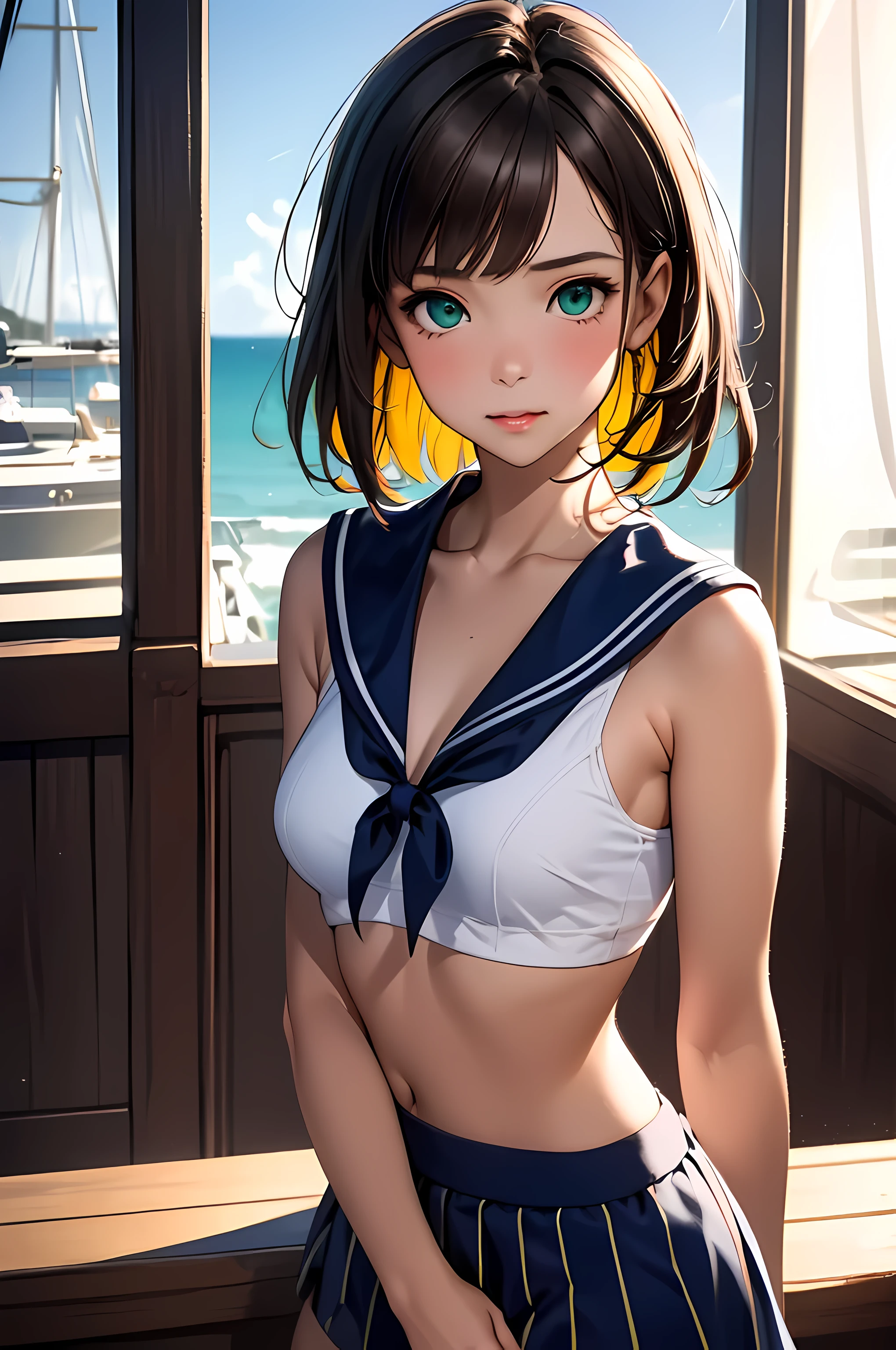 1 girl, short dark brown detailed hair, Detailed Face, Super well-formed face, blue-green eyes, tiny breasts, coherent hands, high res, ultrasharp, 8K, masterpiece, explore a nautical theme with a navy-striped sailor top, high-waisted shorts, Craft a captivating portrait featuring a subject draped in a vibrant sarong, framed by a backdrop that suggests coastal serenity, lens 50mm, aperture f/4, natural light in the afternoon