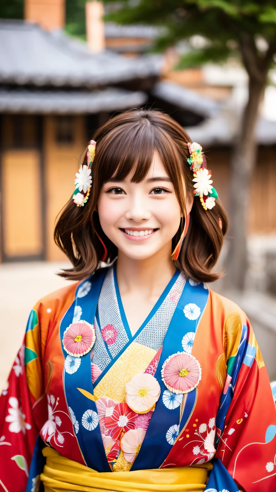 she is a kimono model、smile、he is short、brown hair、hair ornaments、Colorful and flashy kimono、