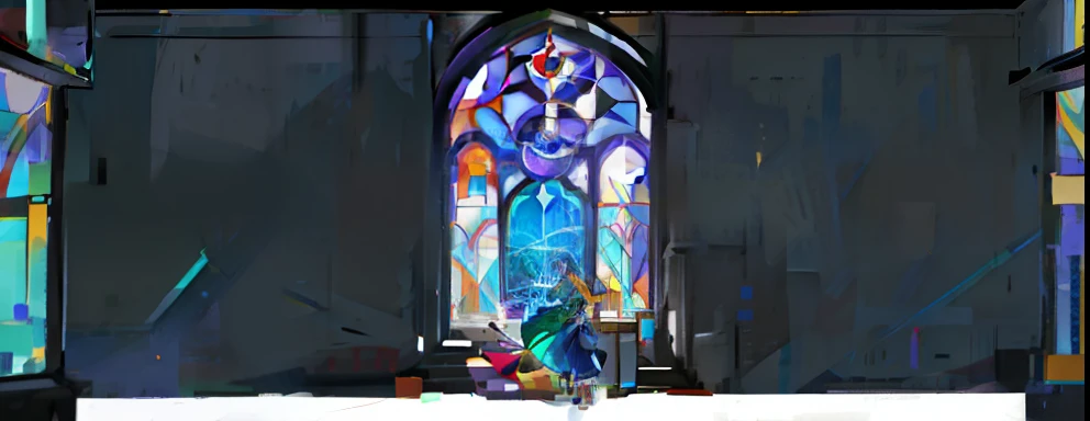 a cartoon of a woman standing in front of a Multicolored Glass window, amethyst Multicolored Glass, cathedral background, gothic Multicolored Glass style, Multicolored Glass style, glowing Multicolored Glass backdrop, Multicolored Glass, Multicolored Glass, 新gotik概念, Multicolored Glass window, Multicolored Glass windows, Windows of the Mysterious Cathedral, Multicolored Glass futuristic church, , Background art deco palace，gotik