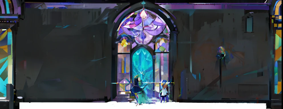 a cartoon of a woman standing in front of a Multicolored Glass window, amethyst Multicolored Glass, cathedral background, gothic Multicolored Glass style, Multicolored Glass style, glowing Multicolored Glass backdrop, Multicolored Glass, Multicolored Glass, 新gotik概念, Multicolored Glass window, Multicolored Glass windows, Windows of the Mysterious Cathedral, Multicolored Glass futuristic church, , Background art deco palace，gotik