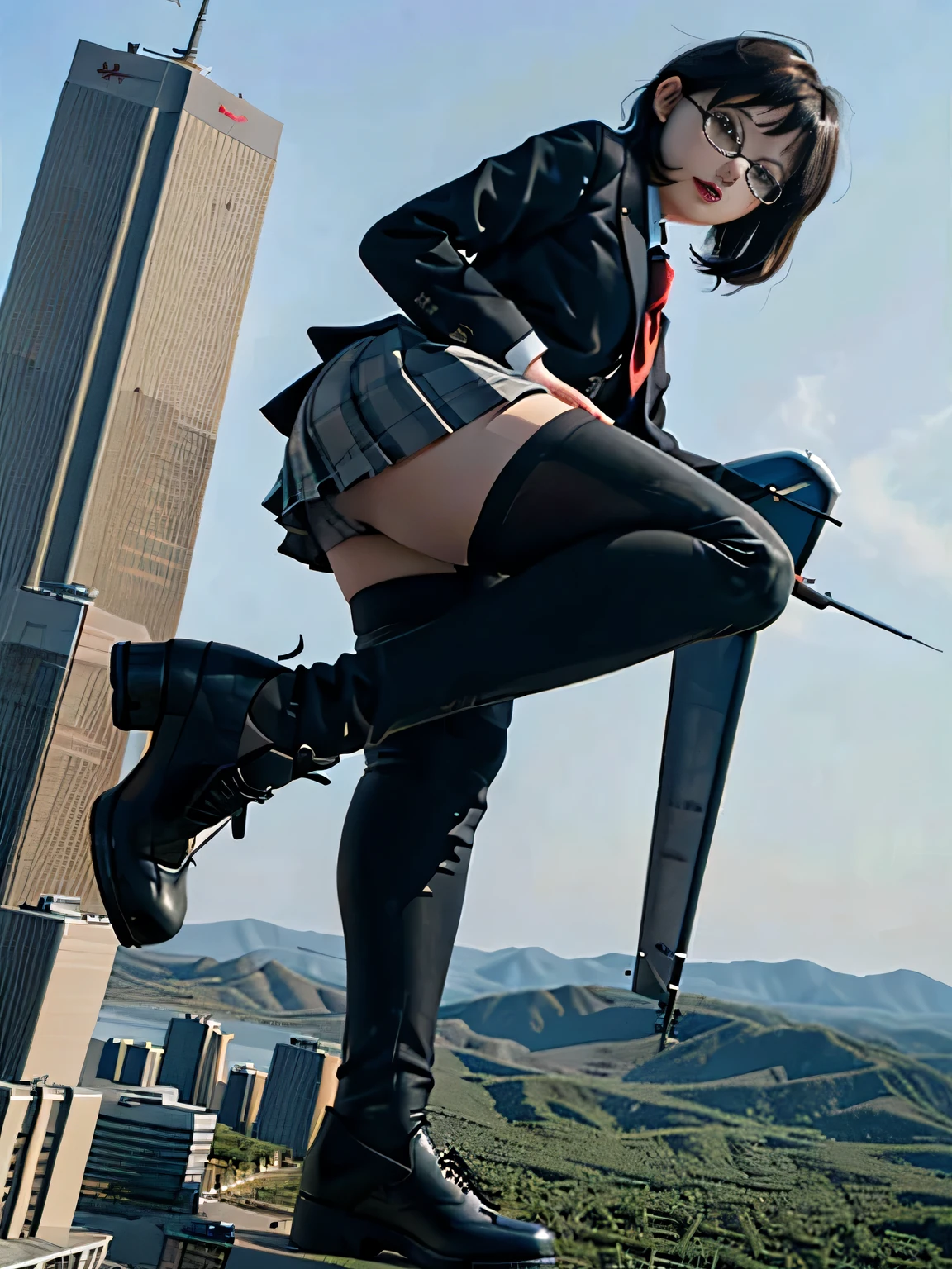 Giant娘 art, surreal high school girl, 非常に詳細なGiantショット, Giant, short hair, a huge high school girl、&#39;It&#39;s much bigger than a skyscraper, wearing rimless glasses, big breasts, big ass, navy blue blazer, red tie, mini length skirt, black pantyhose, Don't wear shoes., miniature metropolis, attacked by very small fighter jets, ＧＴＳ, giga Giant娘, Giant娘, crash lighter jet, small light jet aircraft, microreuter jet,