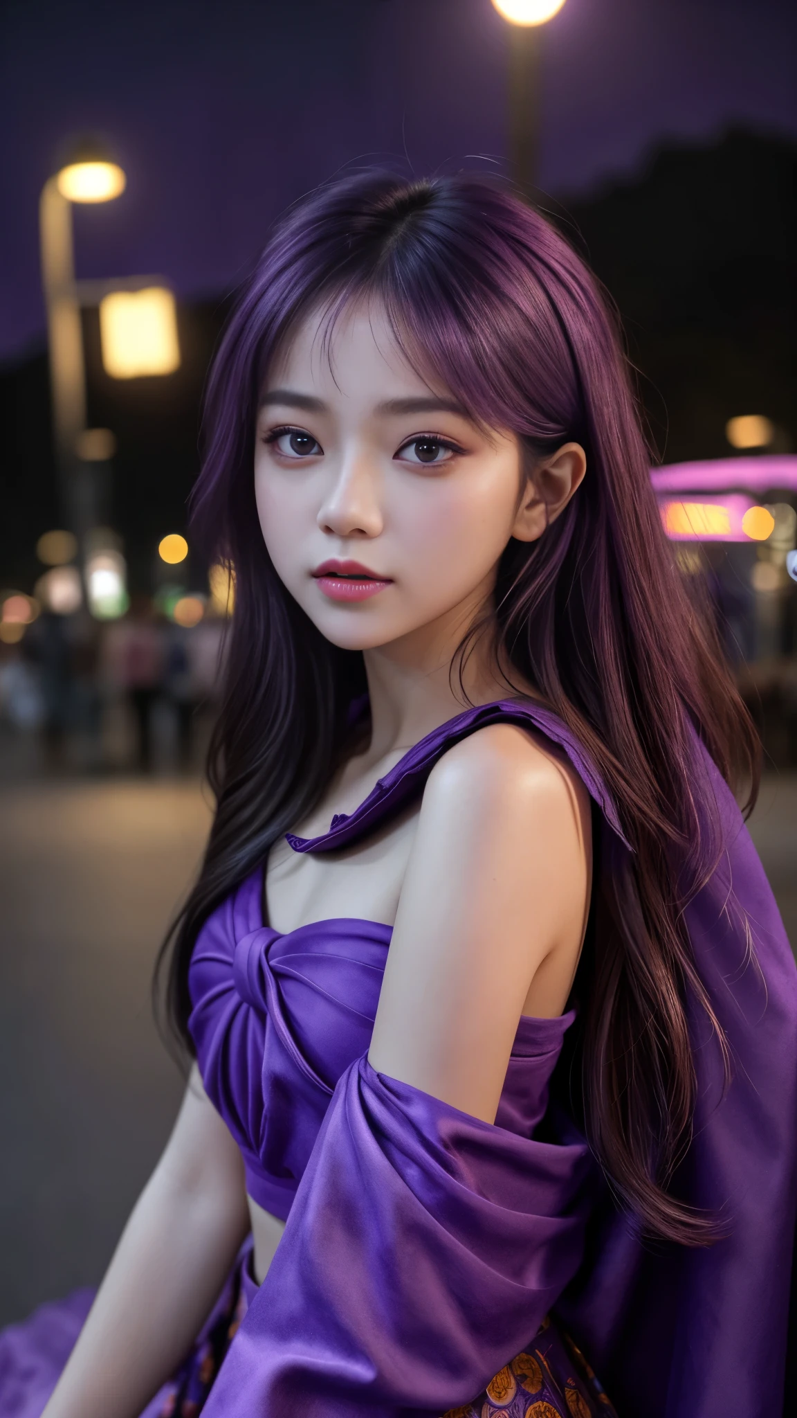 (8k, masterpiece, best quality), ultra-detailed, detailed beautiful round eyes, beautifully detailed face, high quality, high resolution, 1 girl, small breast, (purple cloth:1.5), (bare waist:1.2), nighttime, night park background,