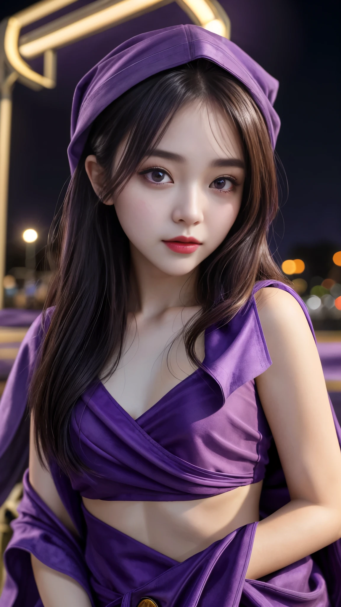 (8k, masterpiece, best quality), ultra-detailed, detailed beautiful round eyes, beautifully detailed face, high quality, high resolution, 1 girl, medium breast, (purple cloth:1.5), nighttime, full moon night garden background,