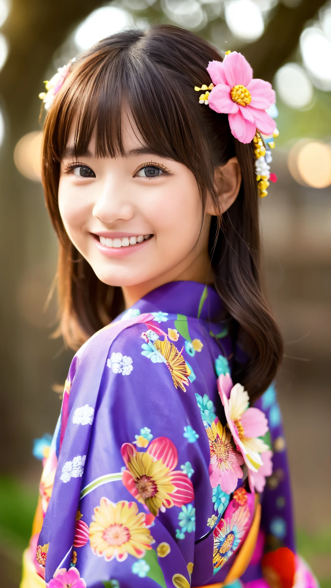 she is a kimono model、smile、he is short、brown hair、hair ornaments、Colorful and flashy kimono、