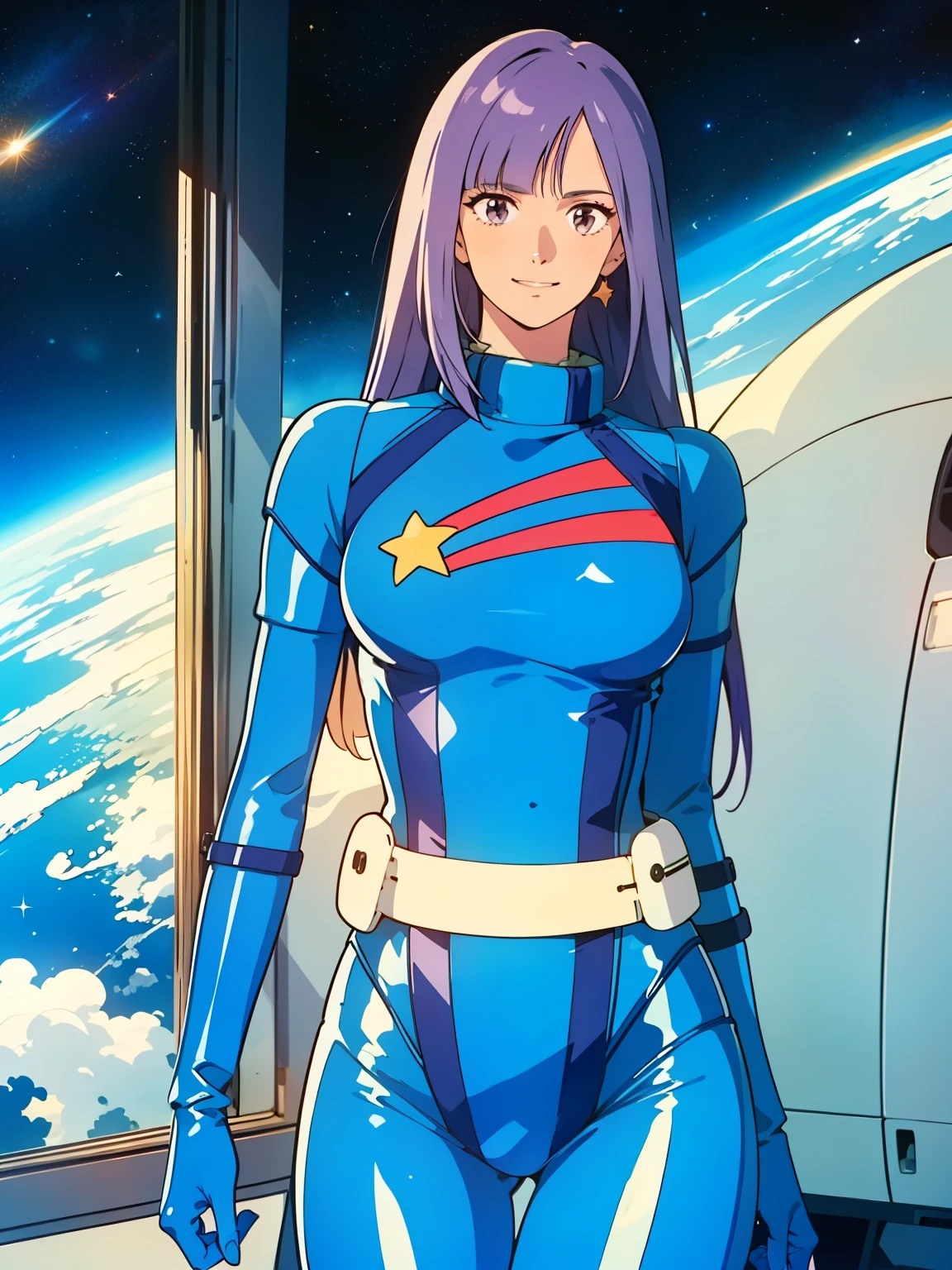 ((masterpiece,cg,best quality,highres)), good anatomy,extremely delicate and beautiful,(semi-realistic:1.5),detailed eyes,perfect face,beautiful face,1girl,solo,louka,blue pilot suit, long hair, purple hair, latex suit, white belt,star mark, light smile, facing viewer,,standing beside window, sexy, alluring, cowboy shot, curvy hips, inside spacecraft,galaxy,planet,glass,