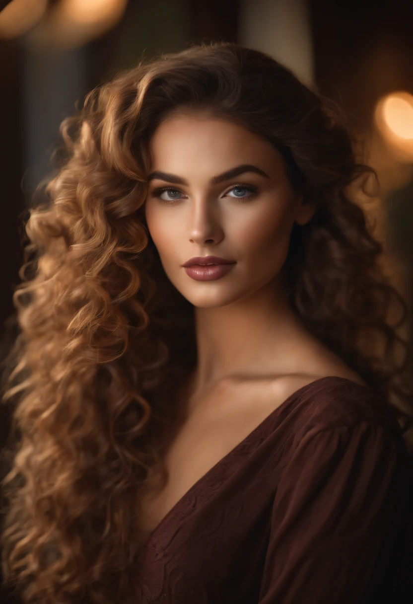 Cor marrom, Cabelo encaracolado, olhos puxados, sobrancelhas arqueadas, thick lips, baixos e finos, Teaches a tapered nose a sign on an upper lip on the left side