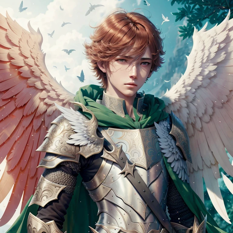 winged prince boy, handsome guy in demon slayer art, young pale redhead european angel, Armor angle with wing, fanart requintada altamente detalhada, alado archer, arte detalhada de personagem jovem europeu, anjo baixo, Arcanjo, principado angelical, beleza majestosa, Papel de parede 4k, European winged on sunny sky background, fundo em montanha com nascer do sol, luz do sol dourada no cabelo