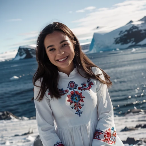 a cute woman smiling at the camera, wearing a stunning embroidered dress in Antarctica, cinematic, film grain
