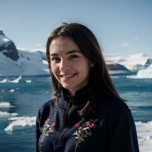 a cute woman smiling at the camera, wearing a stunning embroidered dress in Antarctica, cinematic, film grain