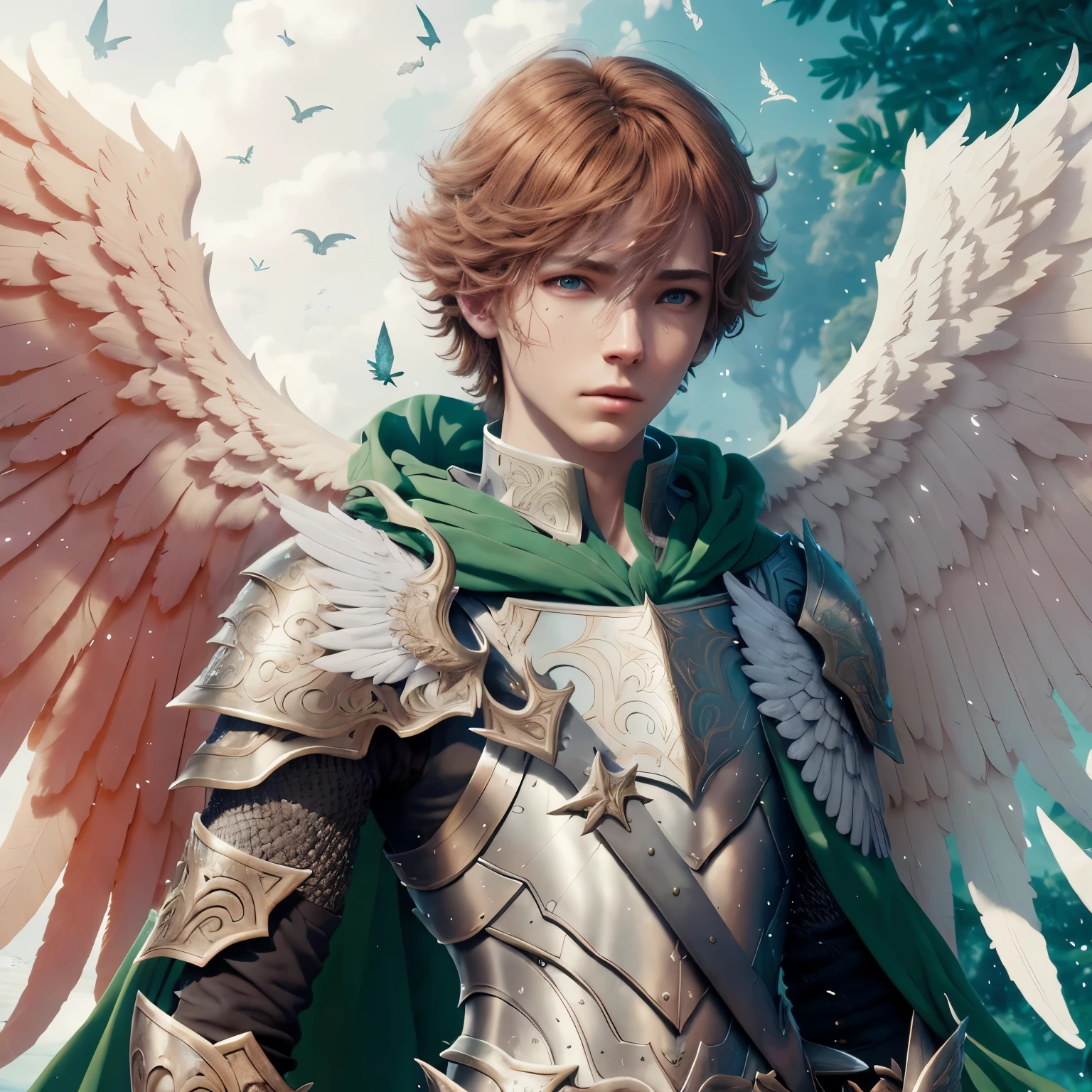 winged prince boy, handsome guy in demon slayer art, young pale redhead european angel, Armor angle with wing, fanart requintada altamente detalhada, alado archer, arte detalhada de personagem jovem europeu, anjo baixo, Arcanjo, principado angelical, beleza majestoso, com cicatriz dourada nos olhos, olhos verdes claros, imagem impressionante, ultra detalhado, epic, cinematographic. A imagem fotorrealista captura a natureza forte e compassiva do anjo, the light has a soft and ethereal appearance, creating a paradisiacal atmosphere. The epic 8K resolution enhances the realism of the artwork and allows for an immersive viewing experience.