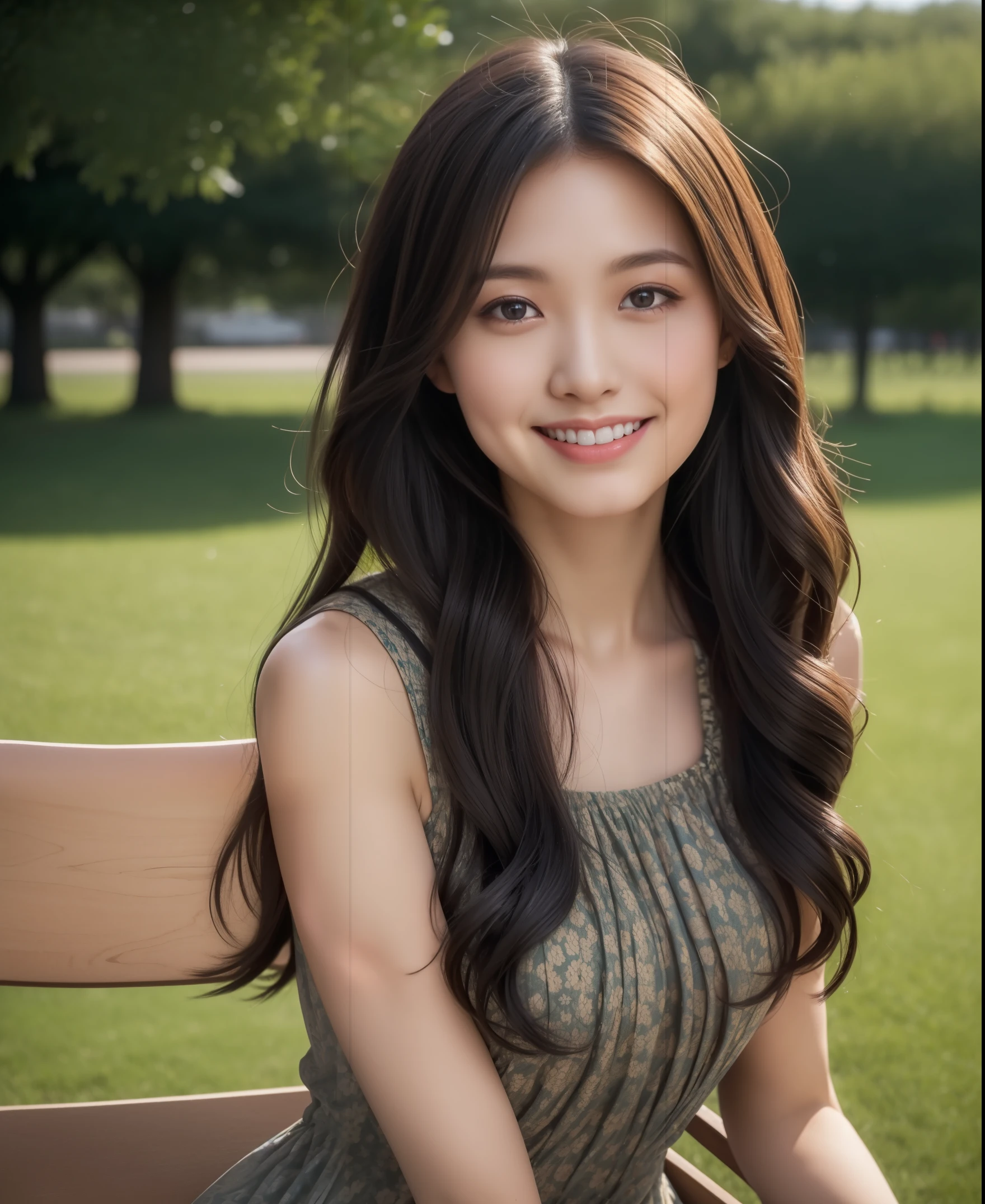 ((Top quality, 8K, Masterpiece: 1.3)), Beauty, Pure, Melon face, Kind and cute, Sweet smile, Pure desire, Slender body, (Front), (Tilted head), ((Looking at camera)) , wearing a patterned dress, black silky long hair, long shoulders, round black big eyes, clear big eyes, moist red lips, sweet, sitting on a chair, park background, ((( whole body))), Sunset,