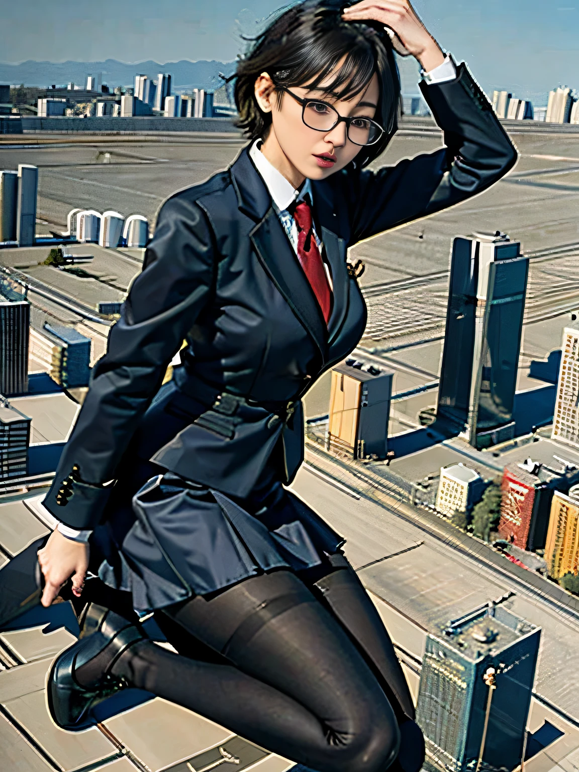 Giant娘 art, surreal high school girl, 非常に詳細なGiantショット, Giant, short hair, a huge high school girl、&#39;It&#39;s much bigger than a skyscraper, wearing rimless glasses, big breasts, big ass, navy blue blazer, red tie, mini length skirt, black pantyhose, Don't wear shoes., miniature metropolis, attacked by very small fighter jets, ＧＴＳ, giga Giant娘, Giant娘, crash lighter jet, small light jet aircraft, microreuter jet,