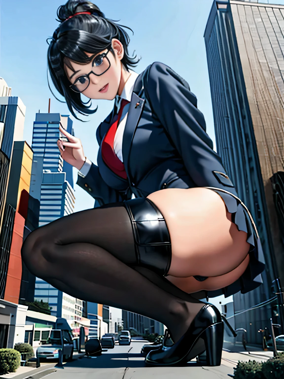 Giant娘 art, surreal high school girl, 非常に詳細なGiantショット, Giant, short hair, a huge high school girl、&#39;It&#39;s much bigger than a skyscraper, wearing rimless glasses, big breasts, big ass, navy blue blazer, red tie, mini length skirt, black pantyhose, Don't wear shoes., miniature metropolis, attacked by very small fighter jets, ＧＴＳ, giga Giant娘, Giant娘, crash lighter jet, small light jet aircraft, microreuter jet,