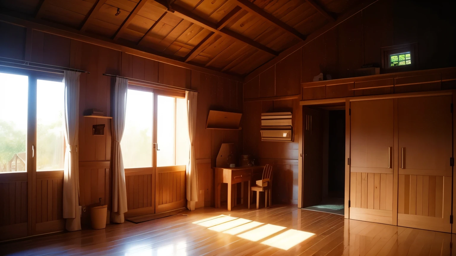 Inside the budding adventurer&#39;s house,Wooden house,simple,poor,The light is shining