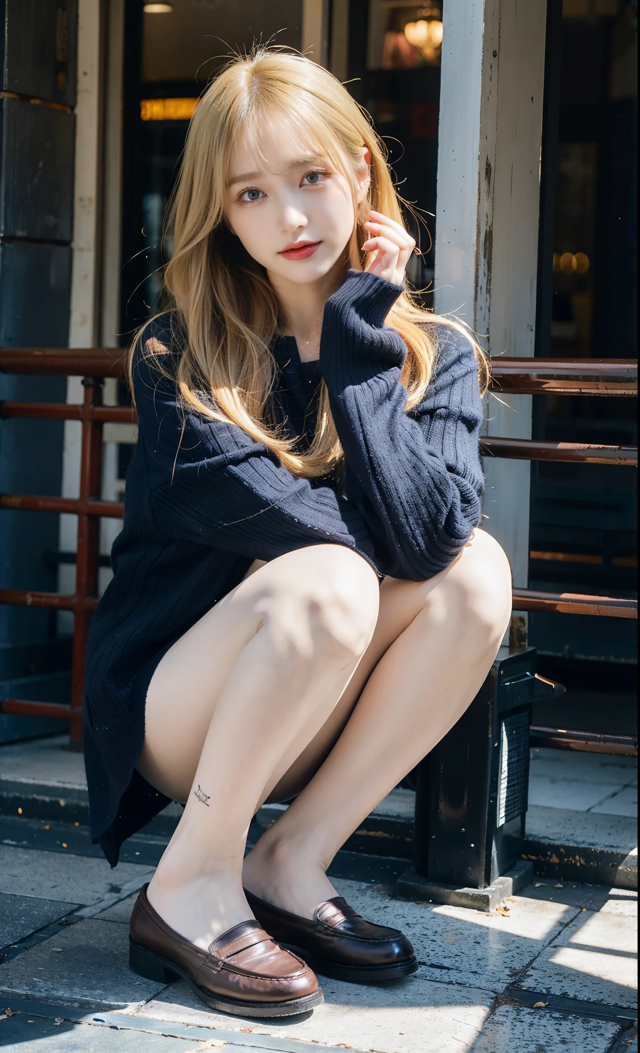 ((Dark blue socks))　Put your hands on your kneeling loafers)blond hair、((I can see your panties.))(squat panty shot)single eyelid　Eyes of Wound　beautiful and delicate eyes、very detailed、highest resolution、straight blonde
