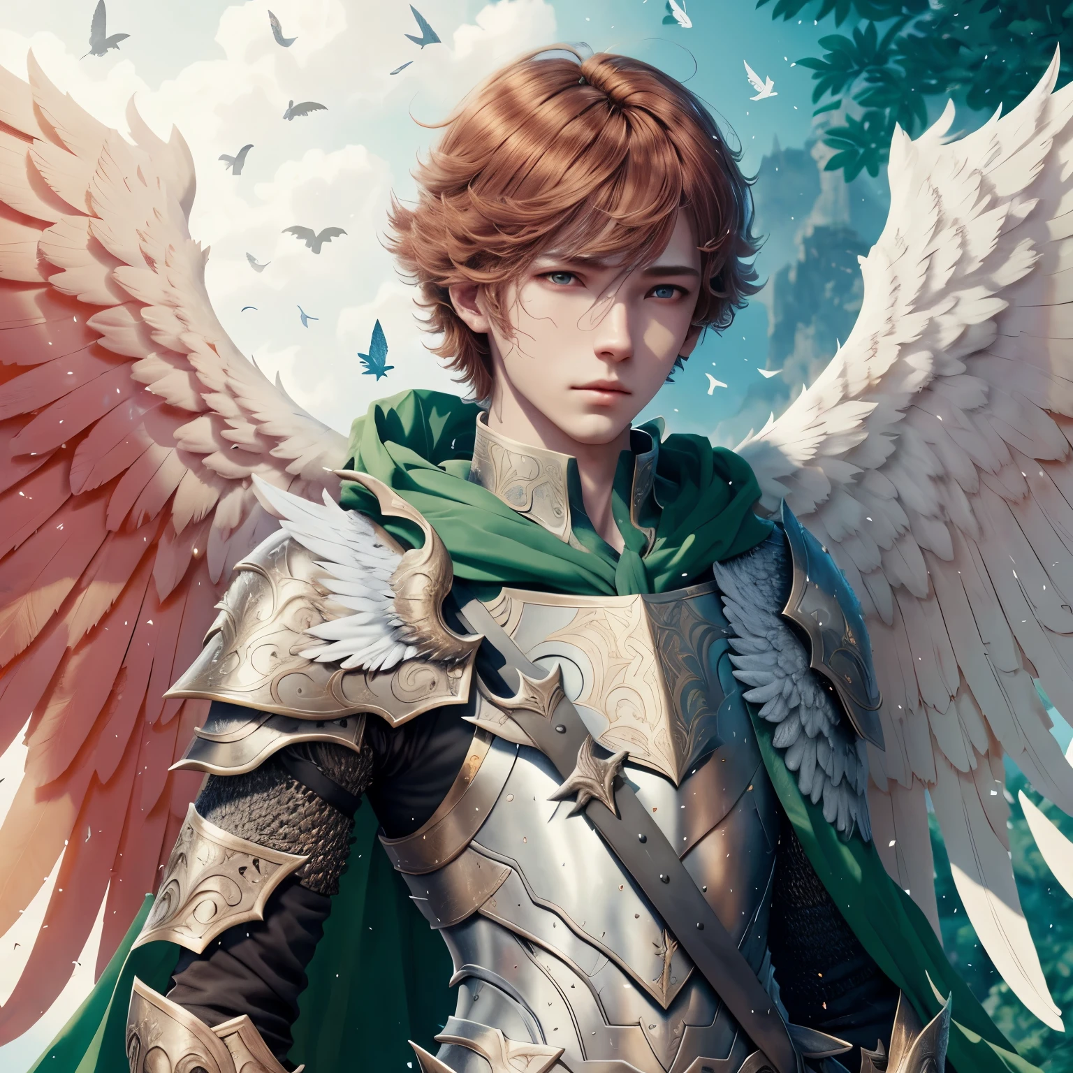 winged prince boy, handsome guy in demon slayer art, young pale redhead european angel, Armor angle with wing, fanart requintada altamente detalhada, alado archer, arte detalhada de personagem jovem europeu, anjo baixo, Arcanjo, principado angelical, beleza majestosa, Papel de parede 4k, European winged on sunny sky background, fundo em montanha com nascer do sol, luz do sol dourada no cabelo
