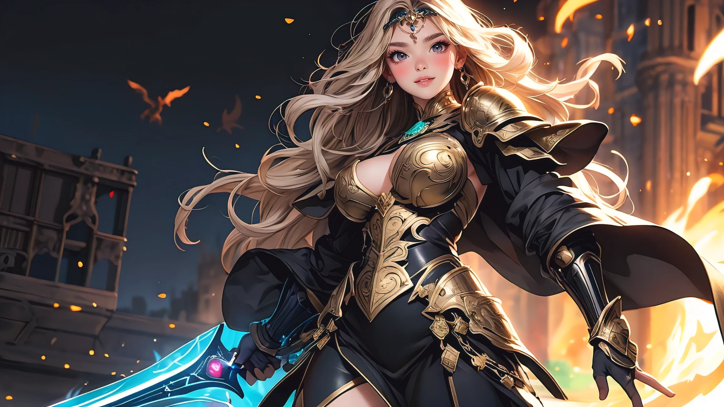 (masterpiece, best quality, photorealistic), woman, solo, perfect slim fit body, large breasts, wavy hair, intricate full dragon knight armor, wielding a magical shield and sword, black and gold theme, walking pose, magical emerald city, artistic, epic, vibrant, dynamic light