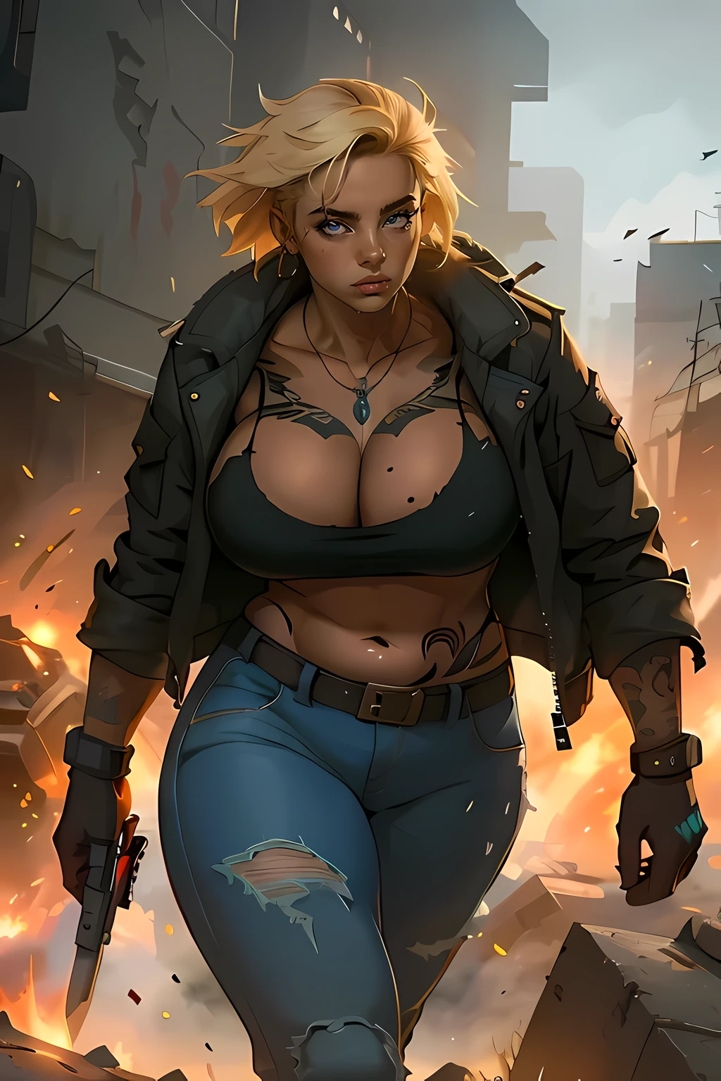 (((tattoos))), ((dark skin)) (chubby physique) woman walking with determination, torn post-apocalyptic military ripped uniform, combat jacket with ripped holes, combat-pants with ripped holes, (wearing weapons and explosivetravagant breasts)), ((giant boobs)), heavy intense makeup, Futuristic sci-fi post-apocalyptic world, madmax movie, brutal violent dark cyberpunk dramatic background, (((photorealistic cinematic unreal engine))),