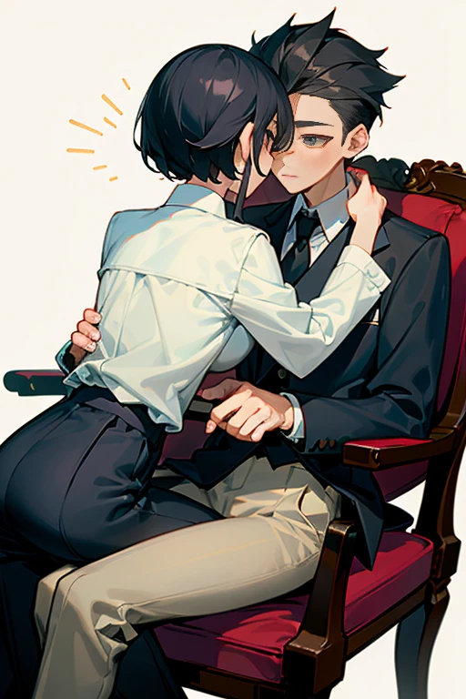 top-quality　tmasterpiece　Male and female couples　The girl sits in a chair，Wear tight skirts and shirts。The boys hugged each other from behind。Boy in high school trouser uniform，The hairstyle is cut for mashed potatoes。Without glasses、Revenge relationship
