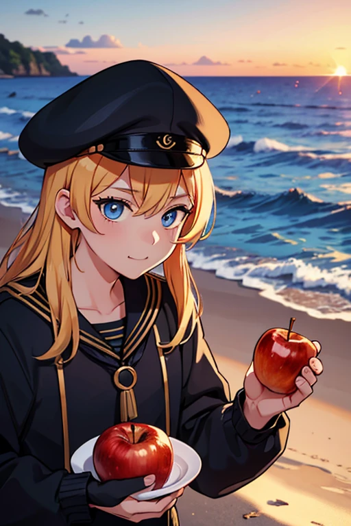man, anarchist style, gold hair, blue eyes, black sailor outfit, sunset, beach background, best quality, happy, confident, pov, world war 2 theme, eating apple