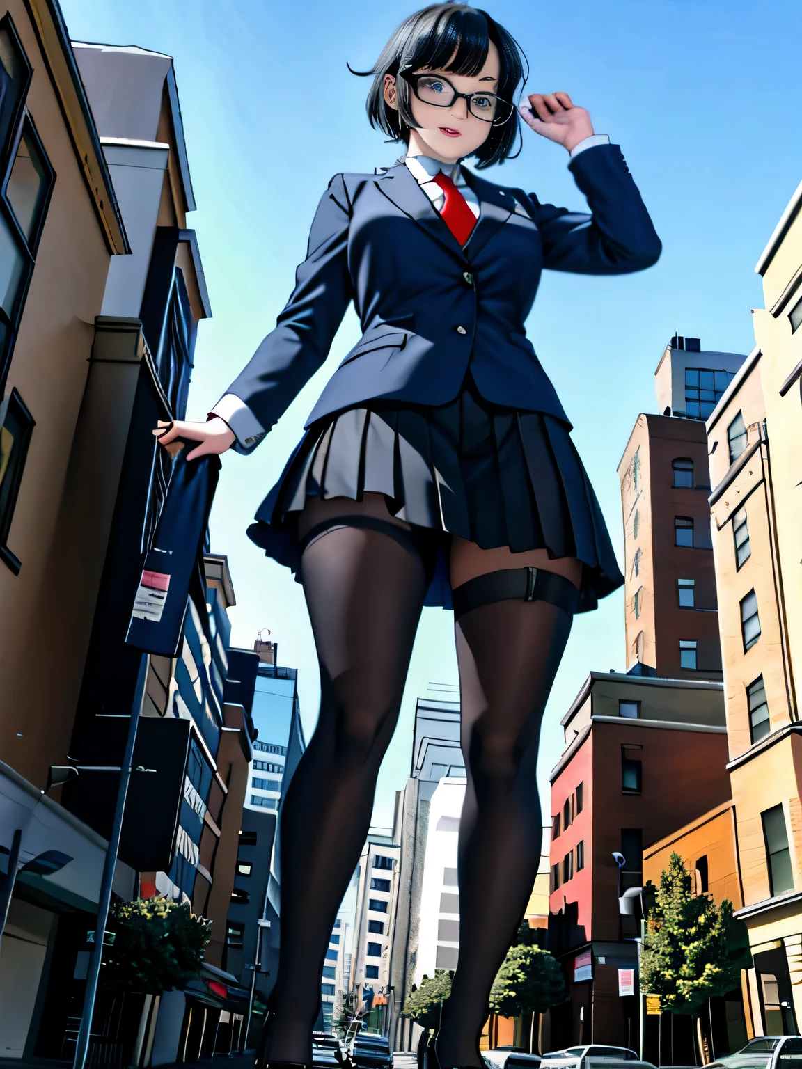 Giant娘 art, surreal high school girl, 非常に詳細なGiantショット, Giant, short hair, a huge high school girl、&#39;It&#39;s much bigger than a skyscraper, wearing rimless glasses, big breasts, big ass, navy blue blazer, red tie, mini length skirt, black pantyhose, Don't wear shoes., miniature metropolis, attacked by very small fighter jets, ＧＴＳ, giga Giant娘, Giant娘, crash lighter jet, small light jet aircraft, microreuter jet,