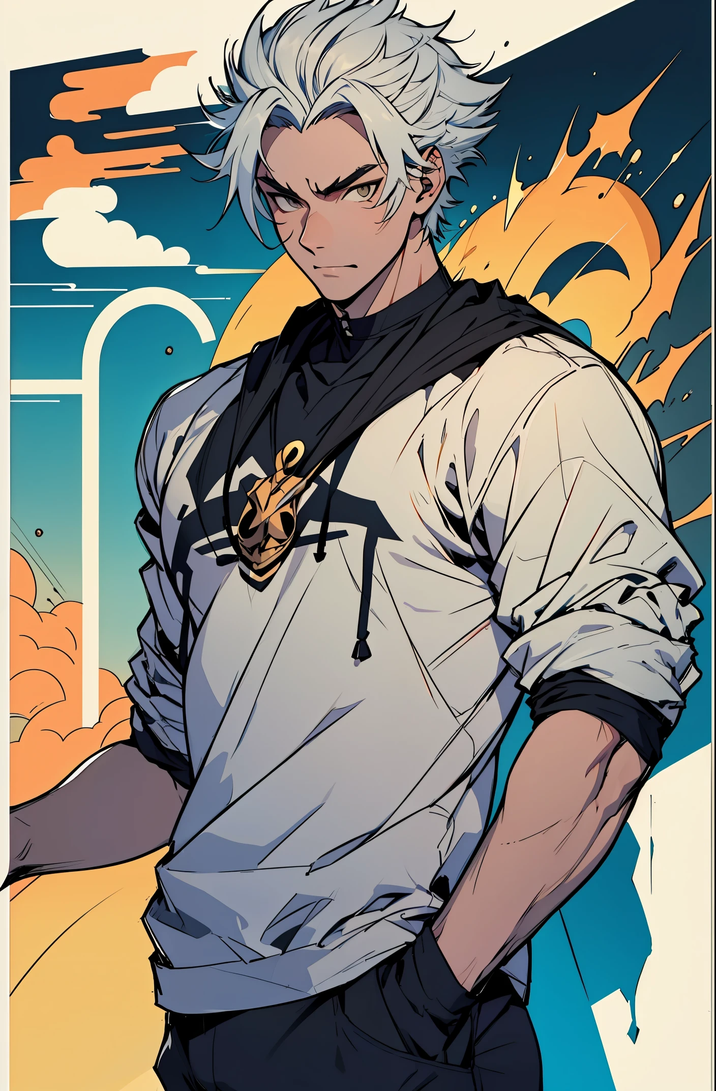 a mais alta qualidade, 8k, high resolution image, Jujutsu Kaisen estilo anime , Arataki Itto, Detailed strokes, fundo desfocado, (um estilo de capa de revista), luz roxa refletindo nele , (angulo de perto), 1 homem, jovem, macho, modelo, front with hand in pants pocket , multicolored background with various geometric shapes , em volta adesivos, musculoso, cabelo vermelho e branco, peitoral inchado, wearing a tight shirt , olhos marcantes , com a camisa, peitoral inchado