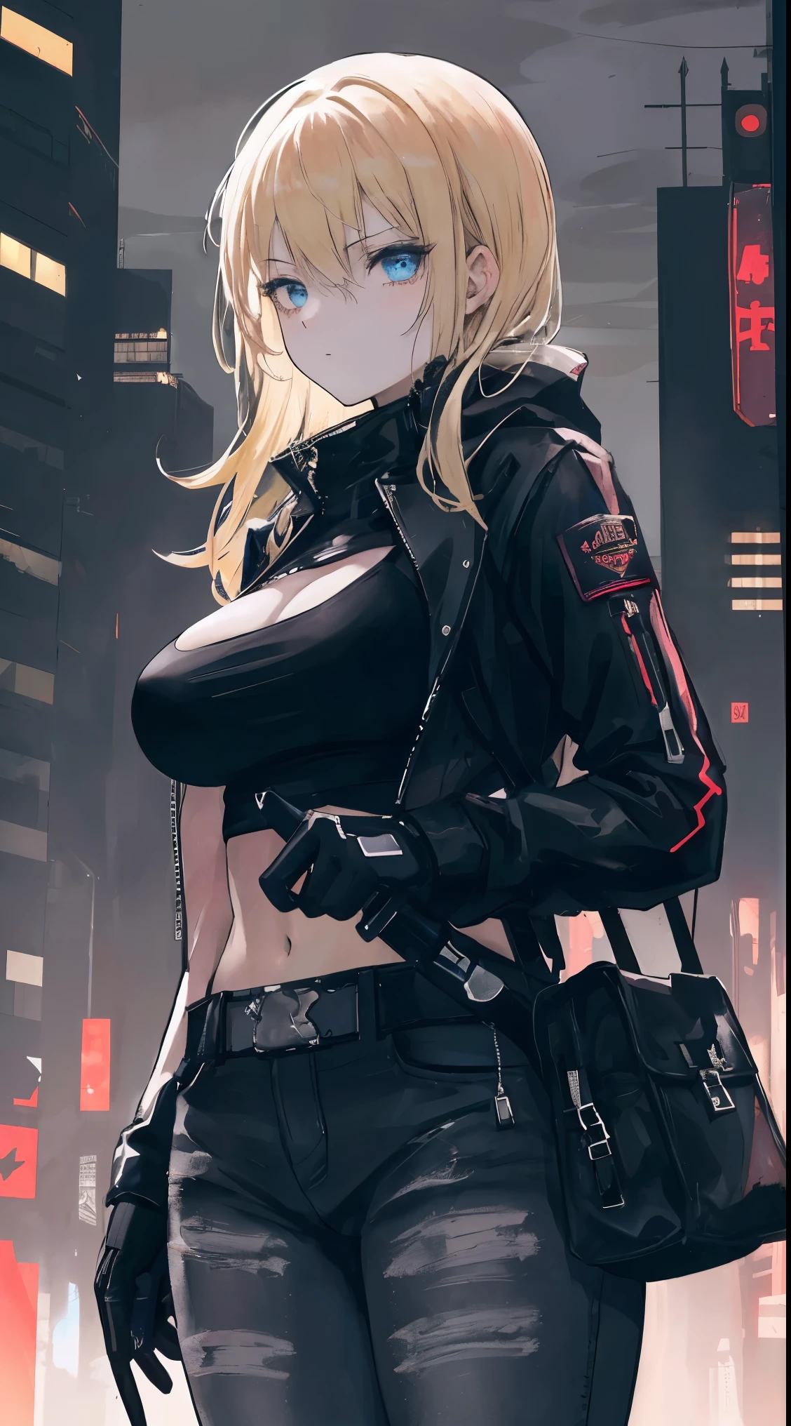 A girl with a bra and a jacket, she has big boobs and is wearing short pants. She carries a bag and holds a gun. The scene is set in a toxic, death city.
Additional Details: The girl has long blonde hair, bright blue eyes, and a defiant expression on her face. Her bra and jacket are made of black leather, giving her a tough and rebellious look. The big boobs add to her confident and bold silhouette. She wears tight-fitting denim short pants, complementing her edgy style. The bag she carries is a messenger bag, worn across her body, and it's filled with various gadgets and tools. The gun she holds is a sleek and futuristic-looking weapon, reflecting the dangerous and dystopian nature of the city.
Image Quality: (best quality, 4k, 8k, highres, masterpiece:1.2), ultra-detailed, (realistic, photorealistic, photo-realistic:1.37), HDR, UHD, studio lighting, ultra-fine painting, sharp focus, physically-based rendering, extreme detail description, professional, vivid colors, bokeh.
Art Style: Dark and gritty, cyberpunk, with a touch of neon lights. The cityscape is filled with tall, decaying buildings, flickering hologram advertisements, and toxic smoke rising from industrial chimneys. The overall atmosphere is moody, reflecting the girl's rebellious nature and the dangers of the city she resides in.
Color Palette: Dark and desaturated tones combined with vibrant neon hues. The cityscape consists of shades of gray, black, and deep blues, contrasted with pops of intense neon colors like vibrant pinks, purples, and electric blues.
Lighting: The scene is illuminated by the glow of neon lights, creating dramatic shadows and contrasts. The lighting emphasizes the decay and chaos of the city, with flickering lights casting eerie glows on the girl and her surroundings.
Remember to remove the explanations and present the prompt without any prefixes. Feel free to add or modify details and keywords to make the prompt more engaging and suitable for Stable Diffusion.