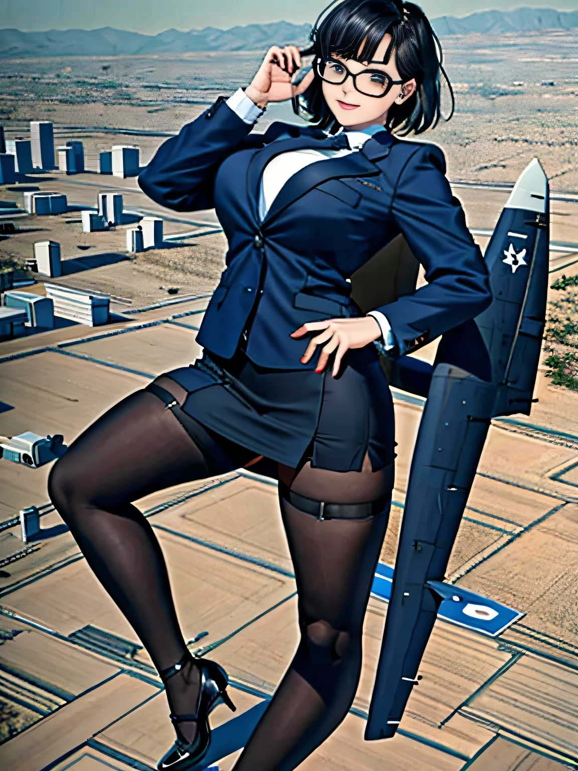 Giant娘 art, surreal high school girl, 非常に詳細なGiantショット, Giant, short hair, a huge high school girl、&#39;It&#39;s much bigger than a skyscraper, wearing rimless glasses, big breasts, big ass, navy blue blazer, red tie, mini length skirt, black pantyhose, Don't wear shoes., miniature metropolis, attacked by very small fighter jets, ＧＴＳ, giga Giant娘, Giant娘, crash lighter jet, small light jet aircraft, microreuter jet, large propeller airplane,