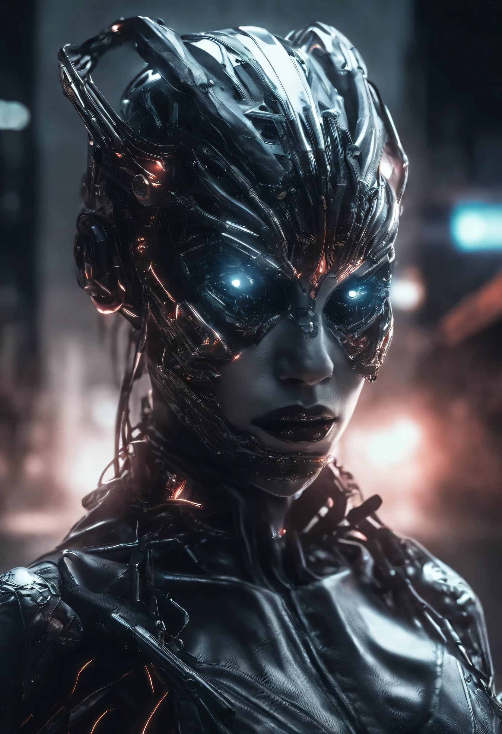 (female Protogen),cyberpunk,mechanical,glowing eyes,metallic surface,digital display,advanced technology,futuristic,neon lights,electromagnetic field,sharp edges,streamlined design,digital organism,biomechanical,mysterious atmosphere,glass visor,enhanced senses,energetic pose,invisible circuits,holographic projections,colorful wires,female cyborg