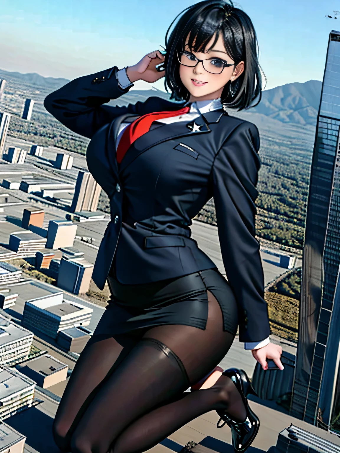 Giant娘 art, surreal high school girl, 非常に詳細なGiantショット, Giant, short hair, a huge high school girl、&#39;It&#39;s much bigger than a skyscraper, wearing rimless glasses, big breasts, big ass, navy blue blazer, red tie, mini length skirt, black pantyhose, Don't wear shoes., miniature metropolis, attacked by very small fighter jets, ＧＴＳ, giga Giant娘, Giant娘, crash lighter jet, small light jet aircraft, microreuter jet, large propeller airplane,