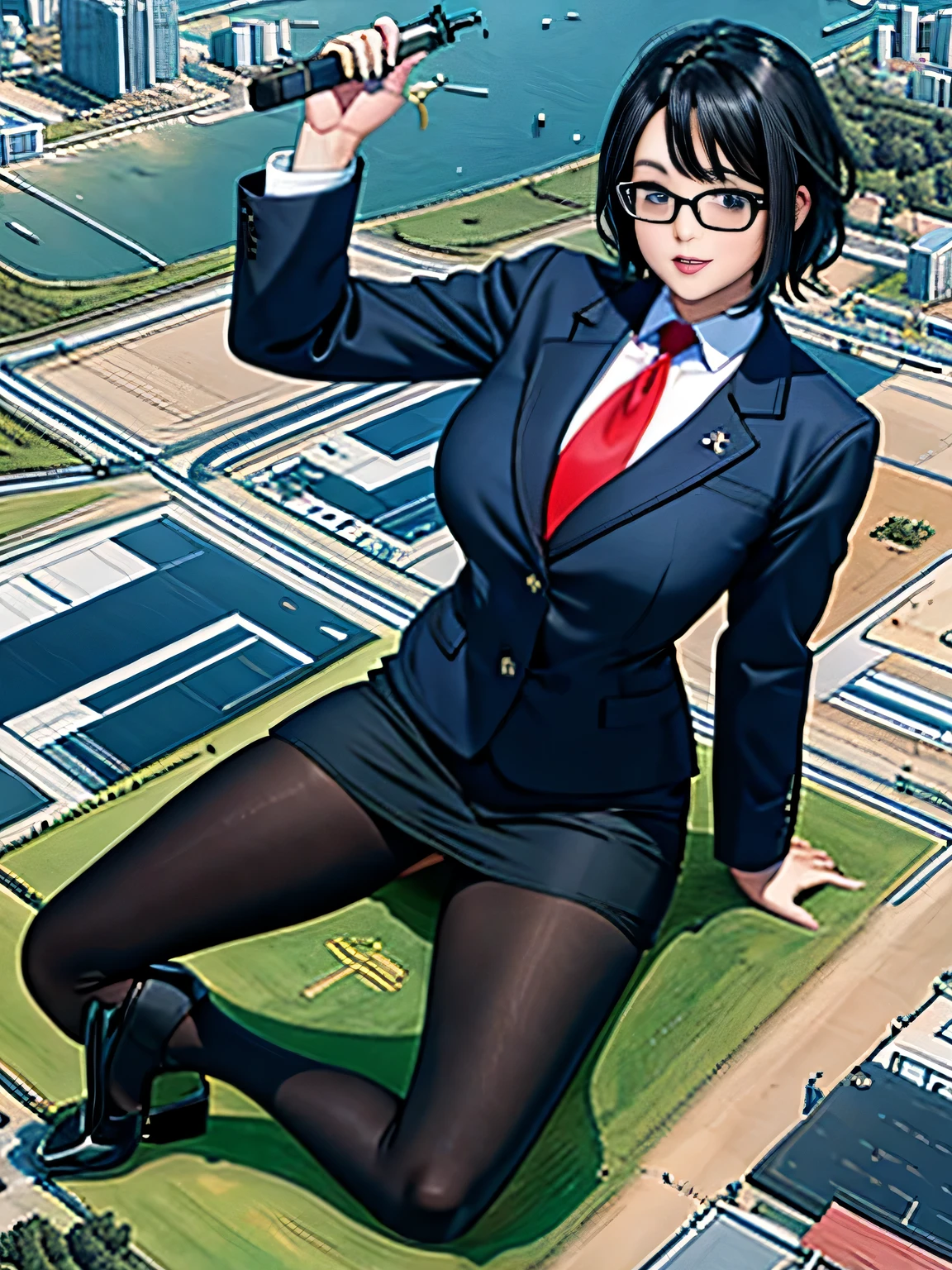 Giant娘 art, surreal high school girl, 非常に詳細なGiantショット, Giant, short hair, a huge high school girl、&#39;It&#39;s much bigger than a skyscraper, wearing rimless glasses, big breasts, big ass, navy blue blazer, red tie, mini length skirt, black pantyhose, Don't wear shoes., miniature metropolis, attacked by very small fighter jets, ＧＴＳ, giga Giant娘, Giant娘, crash lighter jet, small light jet aircraft, microreuter jet, large propeller airplane,