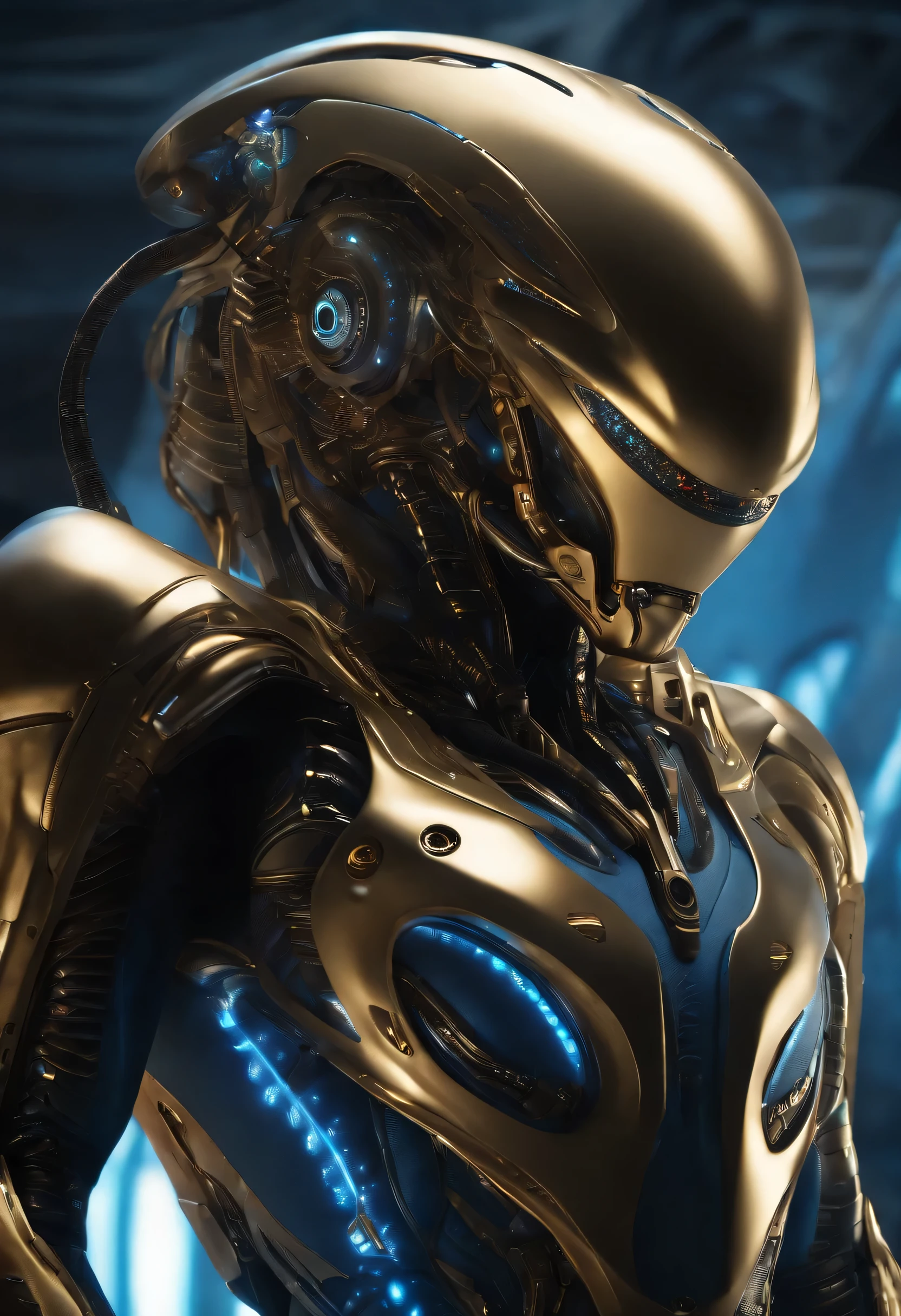 alien biomechanical in stealth suit,, blonde, blue eyes, masterpiece, appealing, looking at viewer