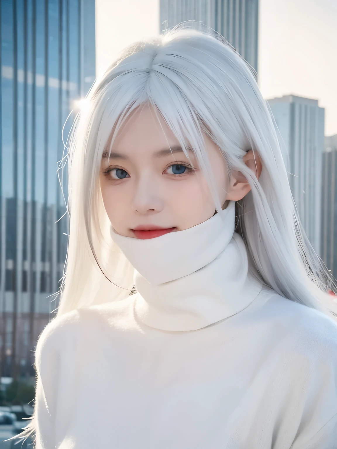 1 girl, (alone), Anime girl with white hair and red eyes, white hair girl, girl in white turtleneck sweater, ((eye mask)), pointed ears, ((vampire)), giggle, smug, Keep your mouth shut, cowboy shooting, perfect white haired girl, White-haired God, Digital Cyberpunk Anime Art, turtleneck sweater, lens flare, ((dramatic lighting)), soft red eyes, Very detailed, masterpiece, looking at the audience, city in background, (night)