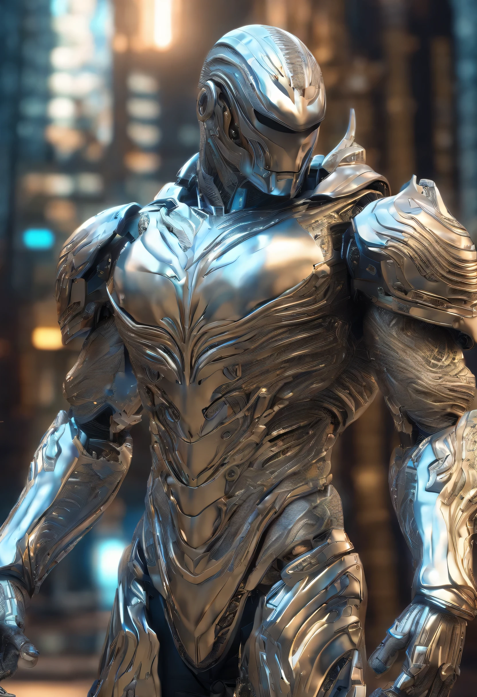 A silver man, with an imposing muscular structure, wearing intricate and gleaming armor, in a digital 3D style, inspired by the artwork of H.R. Giger, on Pixiv, with a highly detailed resolution, in a futuristic and dystopian setting, illuminated by a intense blue light