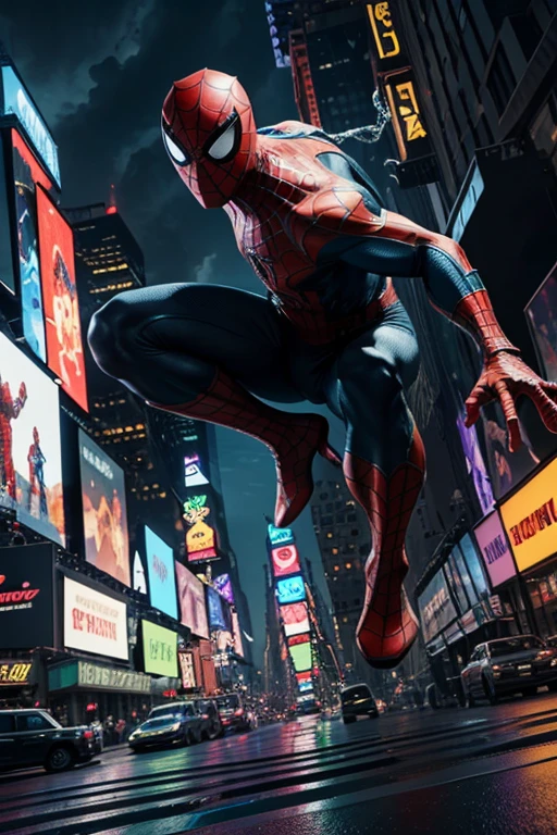 Spiderman engages in a high-stakes battle against the Green Goblin amidst the vibrant setting of Times Square, specifically at 42nd Street. The scene encapsulates the dynamic clash between the iconic adversaries within the bustling urban landscape. Spiderman, in his signature red and blue suit, showcases agile and heroic movements as he confronts the menacing Green Goblin. The environment is characterized by the neon-lit chaos of Times Square, with colorful billboards, vibrant lights, and bustling crowds adding to the atmosphere. The AI-generated image should emphasize photorealistic details, high resolution (preferably 8K or higher), and meticulous attention to 3D rendering. Additionally, incorporating elements like HDR, hyper-realistic textures, and professional-quality rendering is encouraged. The focus should be on portraying the intensity and drama of the battle, utilizing Unreal Engine v5 or similar realistic rendering platforms for a visually immersive and cinematic depiction.