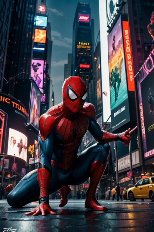 Spiderman engages in a high-stakes battle against the Green Goblin amidst the vibrant setting of Times Square, specifically at 42nd Street. The scene encapsulates the dynamic clash between the iconic adversaries within the bustling urban landscape. Spiderman, in his signature red and blue suit, showcases agile and heroic movements as he confronts the menacing Green Goblin. The environment is characterized by the neon-lit chaos of Times Square, with colorful billboards, vibrant lights, and bustling crowds adding to the atmosphere. The AI-generated image should emphasize photorealistic details, high resolution (preferably 8K or higher), and meticulous attention to 3D rendering. Additionally, incorporating elements like HDR, hyper-realistic textures, and professional-quality rendering is encouraged. The focus should be on portraying the intensity and drama of the battle, utilizing Unreal Engine v5 or similar realistic rendering platforms for a visually immersive and cinematic depiction.
