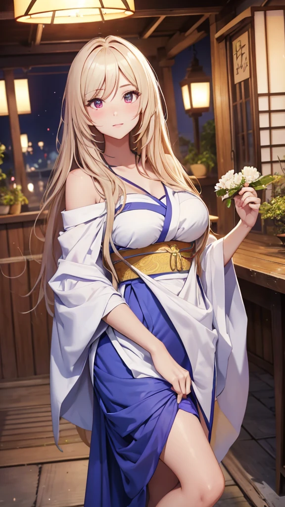 8k、quality、on the table、super high image quality、super detailed、Super beautiful、Ultra-realistic hair textures、anime illustration、Surreal sensibility、full body lesbian、charming appearance、shave 、Japanese off-shoulder blue yukata、beautiful woman, red eyes、glowing skin、very huge、Japanese red lace、glowing skin 、clean skin、Japanese style room with daytime background,  1.5，blush，