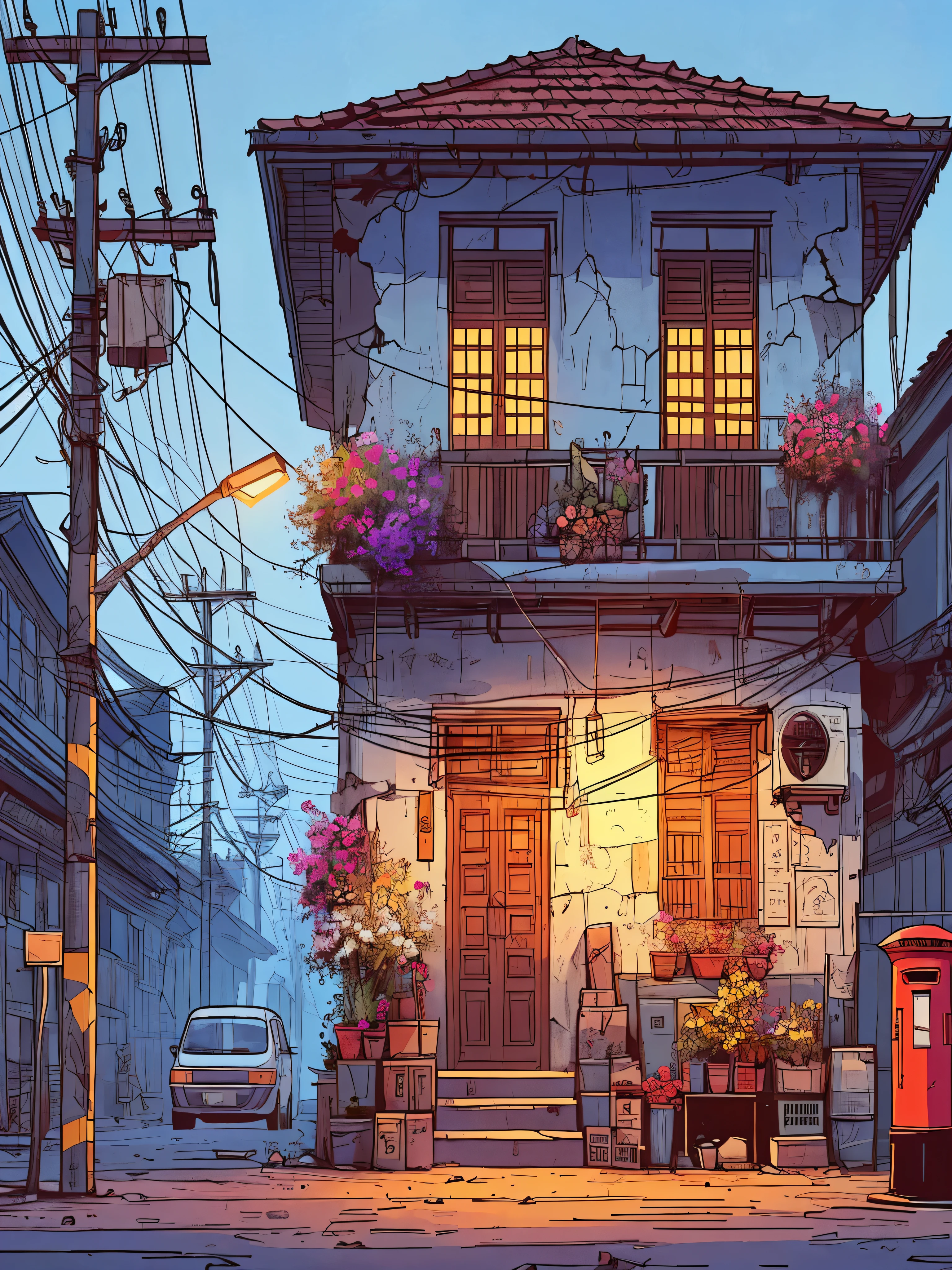 Draw an anime simple art scene of an old indian two storey house on a busy lane of Kenya, cracked walls, scooter parked outside, wires and poles, faded paint, late evening, flowers in pots, post box outside, single light bulb hanging outside, no human, vibrant color tones, dim light