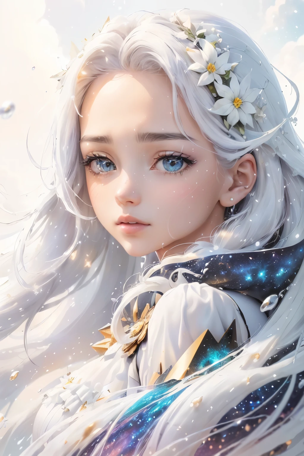 A close-up of an albino girl with the white hair is braided into many afto-braids, wearing an intricate veil, adorned with tiny and gorgeous jewels and beads, crystalline shimmer, focus on the face, with intricate details in the style of James Jean and Moebius, with hyper realistic photography and an epic composition, trending on artstation with sharp focus from a studio photo shot with intricate details and high detail.