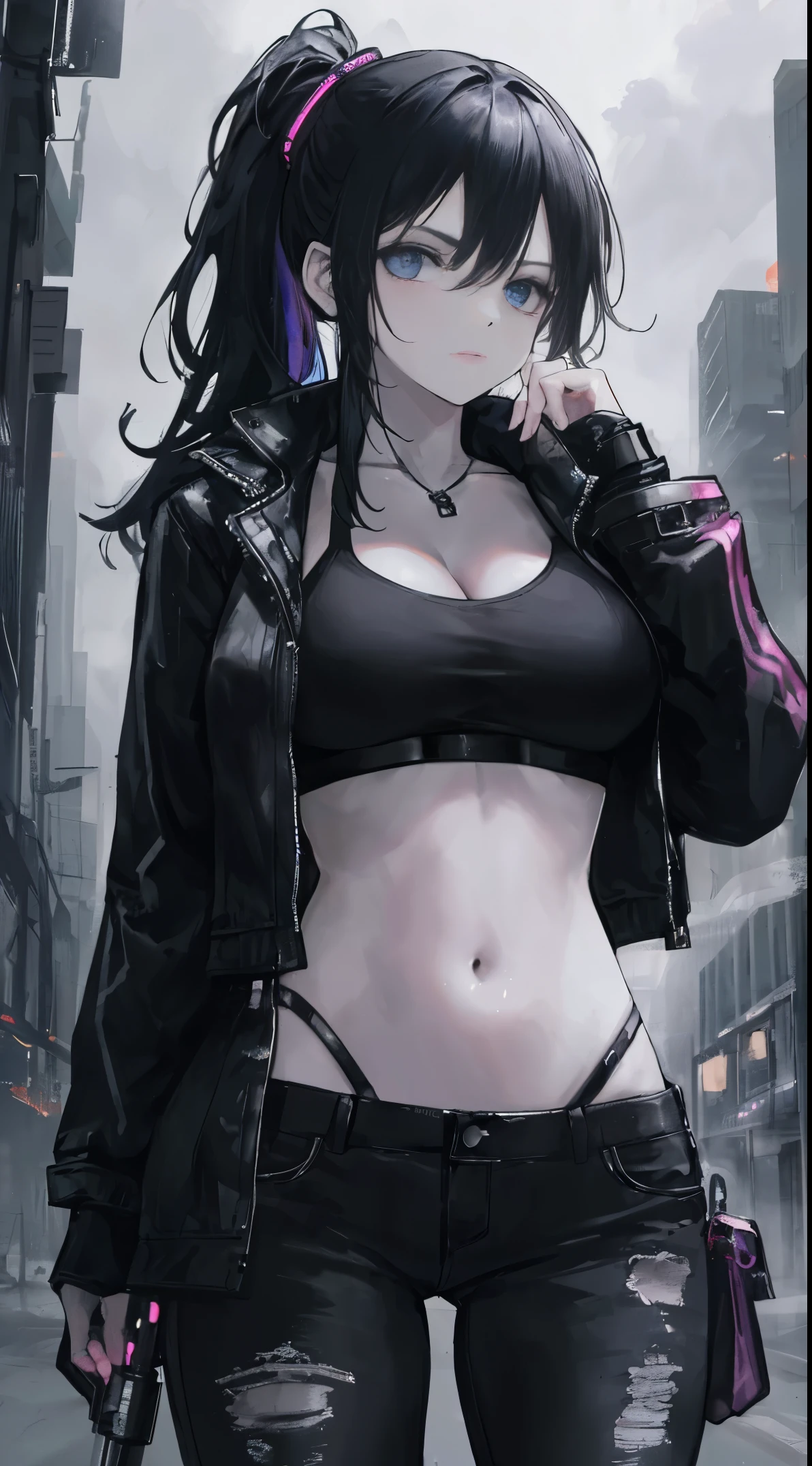Front view，8k,best quality，1 girl，Black latex clothing，Enchantment，A lascivious ile，Silver long hair，Purple Eye，evil of iling，Red eyeliner，Hold your chest straight and your hips up，Navel，Beautiful curves，Tattoo on the crotch，Squint your eyes slightly，Walking on the crowded streets
