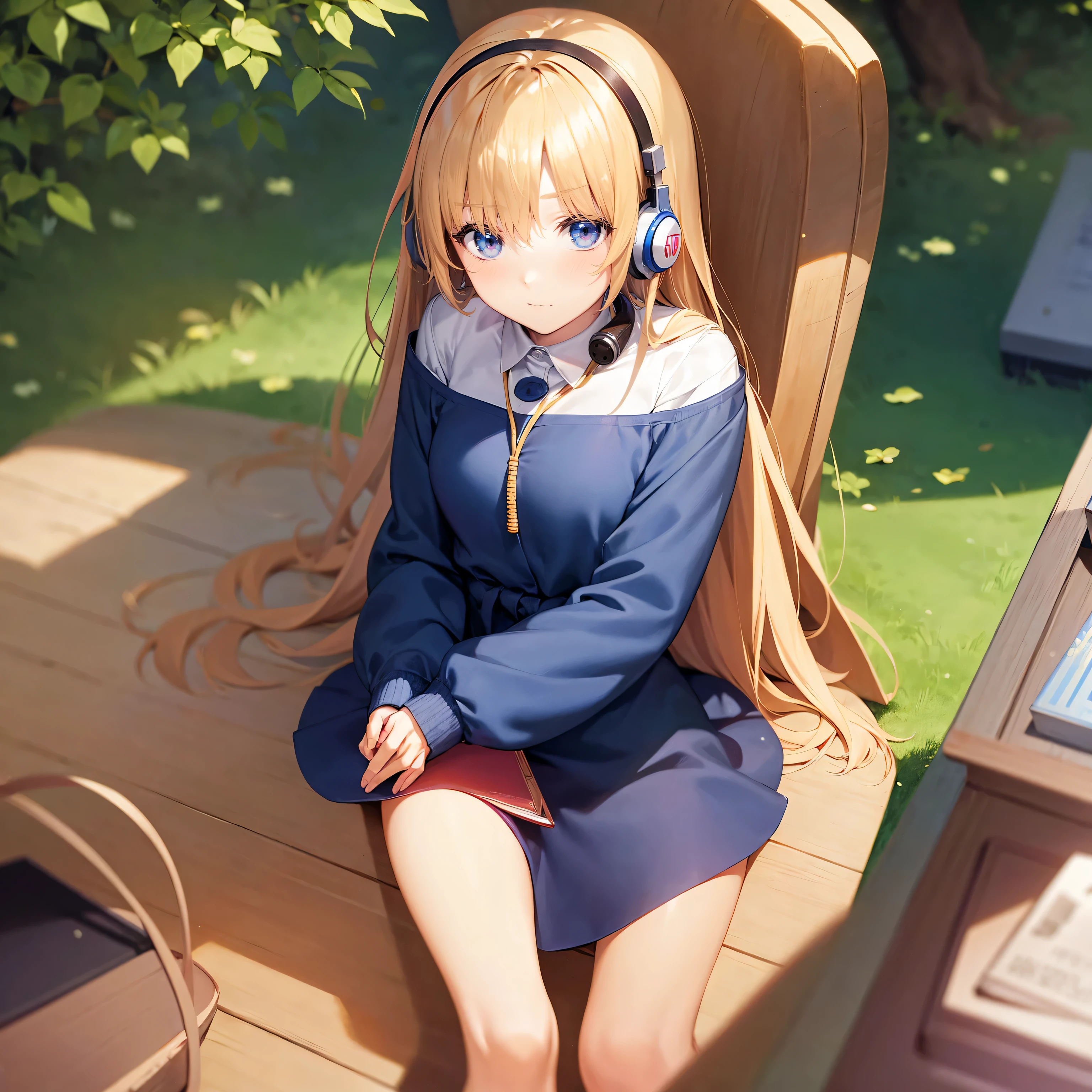 anime girl reading book and listen music with headphone, ghibli girl