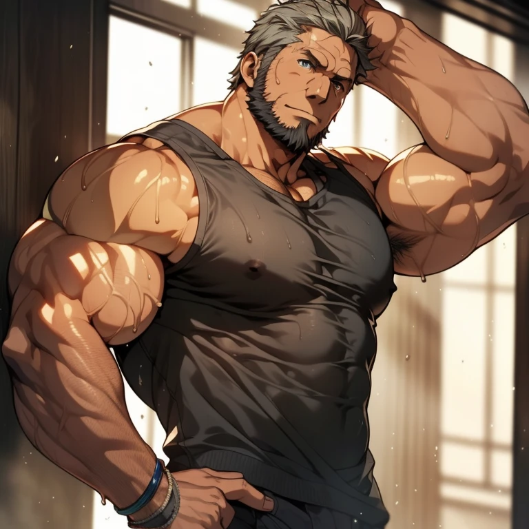 Anime, Um homem alpha poderoso, 40 years old, showing his muscular pecs, wearing very tight wet black tank top, large pectorals, muscular chest, hairy chest, corpo inteiro, olhando para o espectador, pose sexy, olhos de cor azul, grey hair and grey beard, Obra-prima maravilhosa altamente detalhada, beautiful cinematic light deep focus, elegante, pintura digital, liso, sharp focus, golden ratio, dramatic lighting, 8k, pixiv, bara