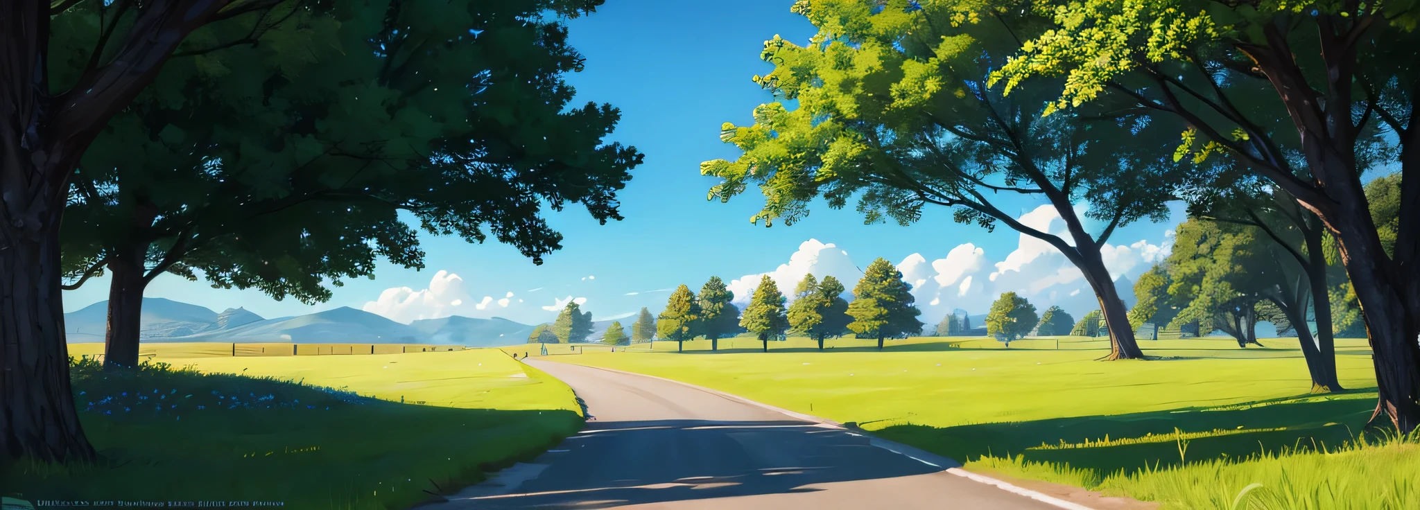 green grass, blue sky, game landscape, road,