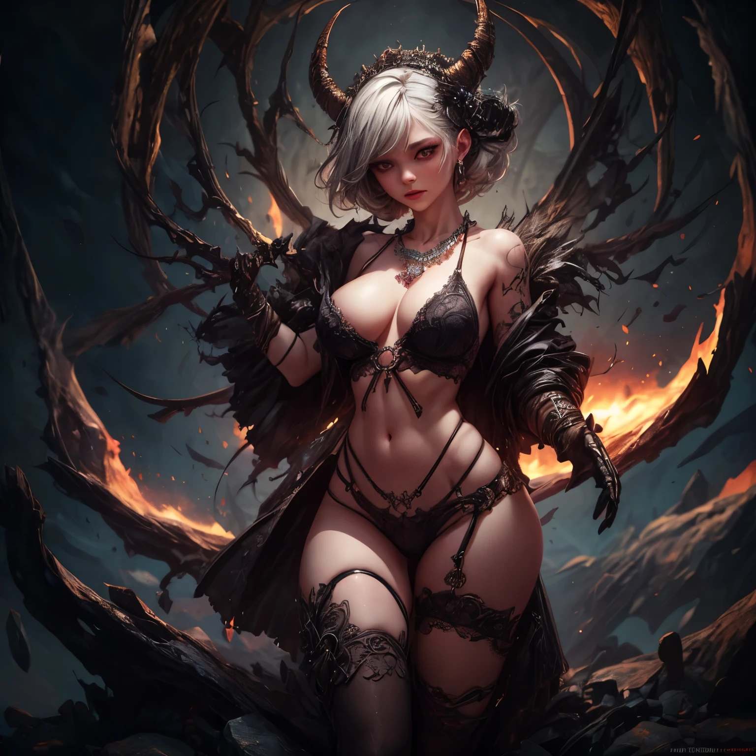 ((Masterpiece)), ((Best Quality)), 8K, HD, Super Detail, high resolution, beautiful detailed, extremely detailed, perfect lighting,((naked young woman)), full body shot, hellish nightmare, (monsters), (demons), young female exposed, exposed breast, exposed navel, (boobs),nsfw:1,1, fire, nude, beads belt, rope belt, necklace, ornaments, (tattoo), legs apart, lingerie, chain bra,exposed crotch, exposed vagina, (naked woman)