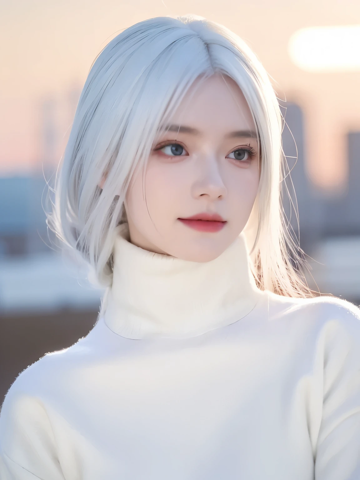 1 girl, (alone), Anime girl with white hair and red eyes, white hair girl, girl in white turtleneck sweater, ((eye mask)), pointed ears, ((vampire)), giggle, smug, Keep your mouth shut, cowboy shooting, perfect white haired girl, White-haired God, Digital Cyberpunk Anime Art, turtleneck sweater, lens flare, ((dramatic lighting)), soft red eyes, Very detailed, masterpiece, looking at the audience, city in background, (night)