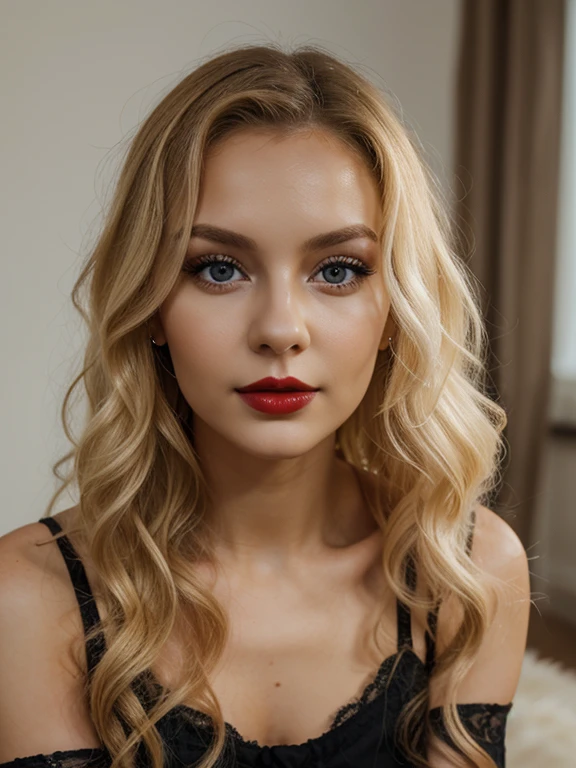 Slavic girl 26 years old, blonde hair, petite, slim, curly hair, stockings, dark red lips, lies, close look straight in to eyes, face only 