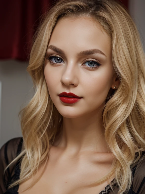 Slavic girl 26 years old, blonde hair, petite, slim, curly hair, stockings, dark red lips, close look straight in to eyes, face only