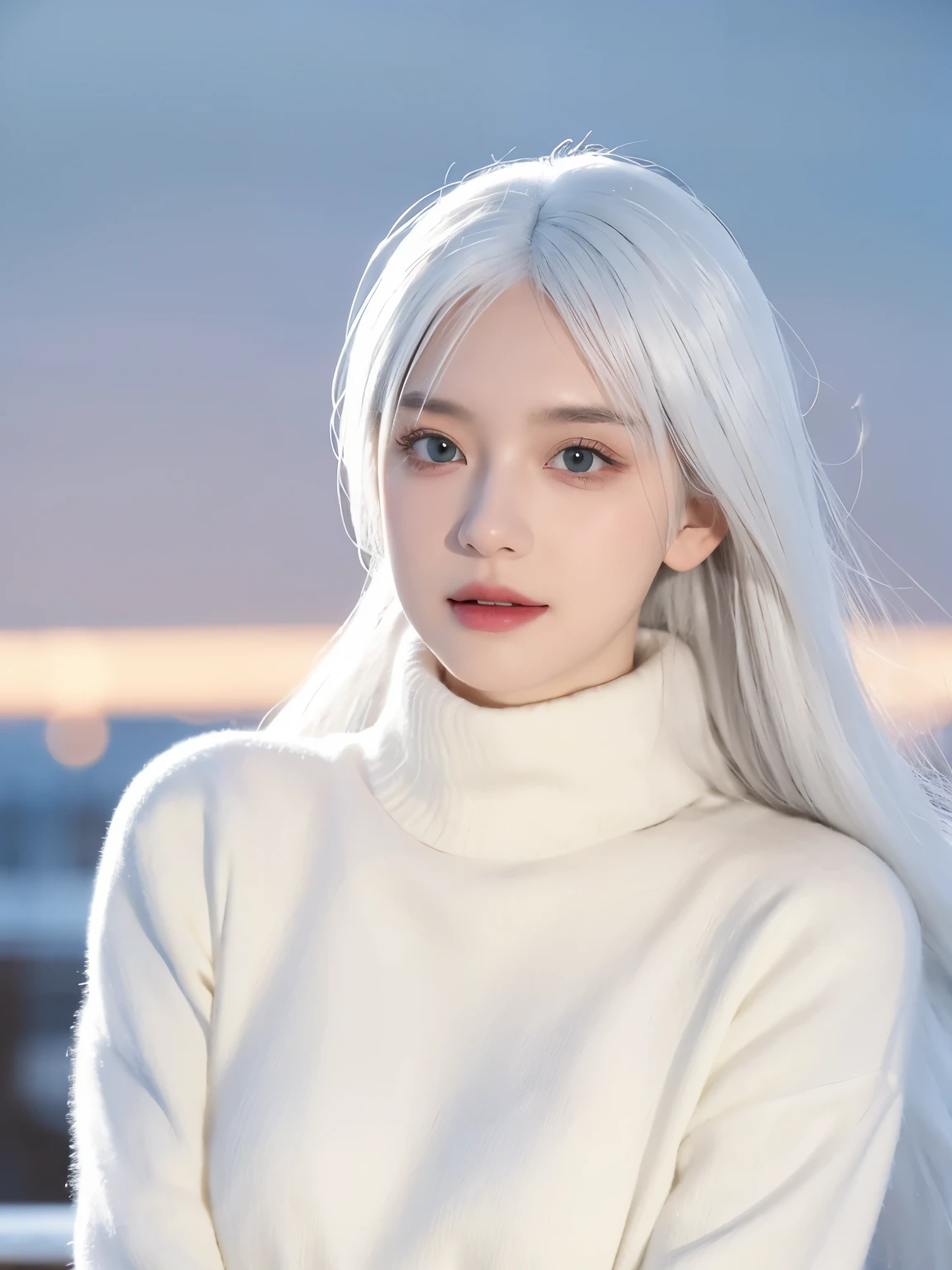 1 girl, (alone), Anime girl with white hair and red eyes, white hair girl, girl in white turtleneck sweater, ((eye mask)), pointed ears, ((vampire)), giggle, smug, Keep your mouth shut, cowboy shooting, perfect white haired girl, White-haired God, Digital Cyberpunk Anime Art, turtleneck sweater, lens flare, ((dramatic lighting)), soft red eyes, Very detailed, masterpiece, looking at the audience, city in background, (night)