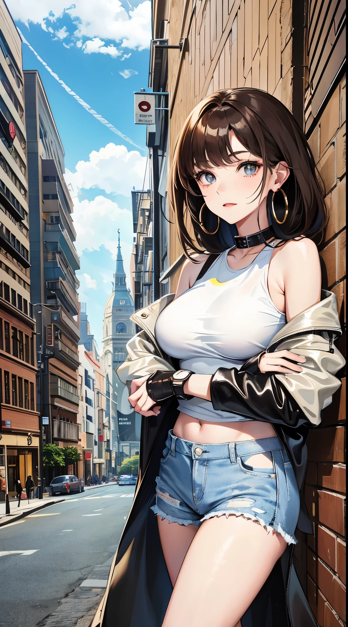 Score_9, score_8_up, score_7_up, score_6_up, score_5_up, score_4_up, source_anime, ganguro, gyaru, solo, 1girl, Yamanba, makeup, tan skin, whore, prostitute, Mature female, huge breasts, wide hips, thick thighs, BREAK nishizumi shiho, gyaru mama, black hair, blunt bangs, long hair, collar, choker, leopard print bikini top, very tight bikini top, skin tight, huge areolae, areola slip, navel, navel piercing, earrings, earrings, black microskirt, microskirt, belt, fishnet thighhighs, fur-trimmed jacket, walking, sideview, pink lips, brown eyes, long eyelashes, eyeshadow, looking at viewer, pov, outdoors, tokyo \(city\), night time, blurry background, city lights, neon lights, covered nipples, bracelet, seductive smile, long fingernails, nail polish, large tattoo on chest, collarbone, head tilt,