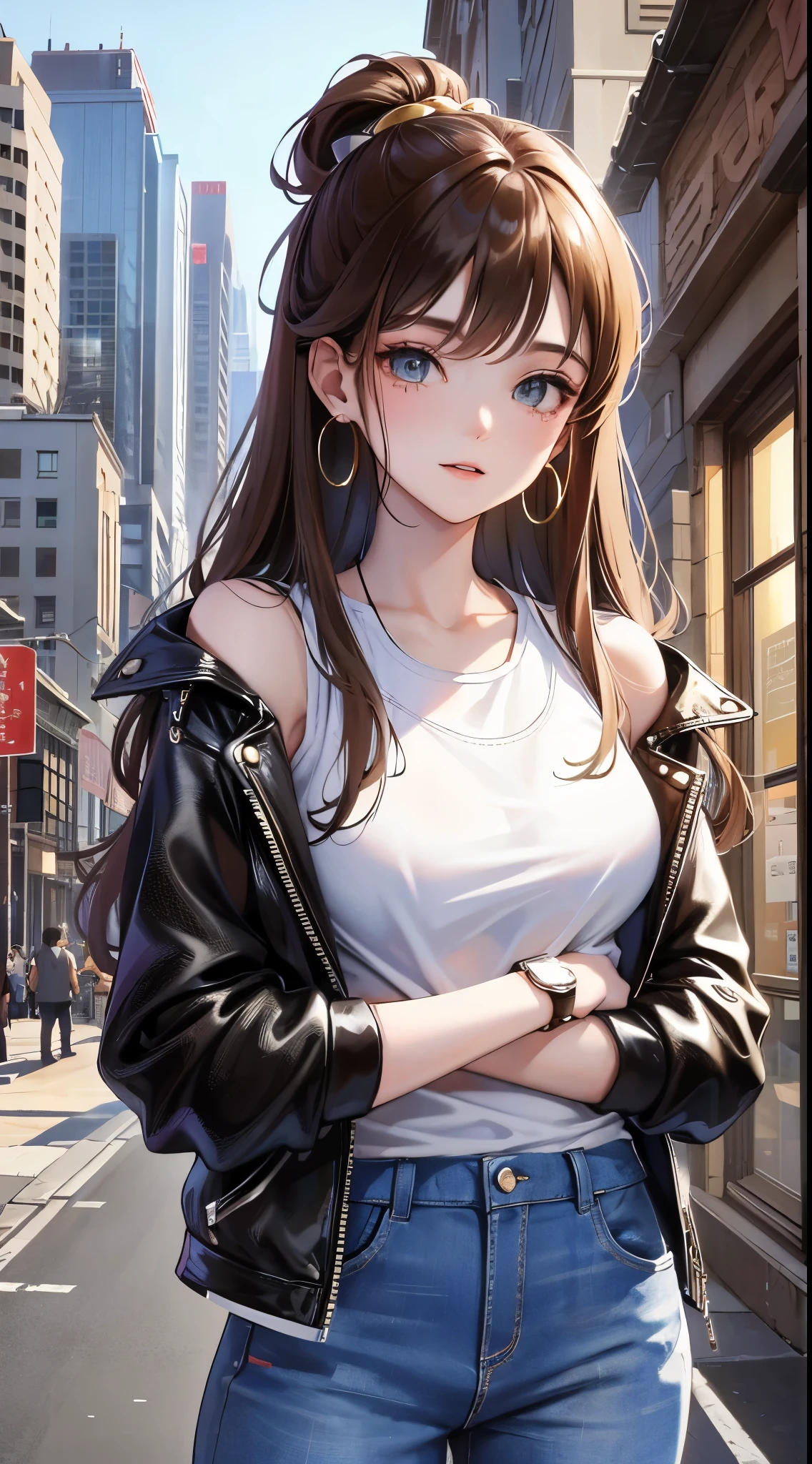 Very detailed, high quality, masterpiece, 1 female, upright, (casual wear: 1.1), (split), White T-shirt, blue jeans, sports shoes, Black leather jacket draped over shoulders, (Accessories: 1.2), gold hoop earrings, Brown leather watch, natural makeup, faint smile, Cross your arms in front of her, (city View: 0.9), Buildings and characters in the background, outdoor, sunny.
